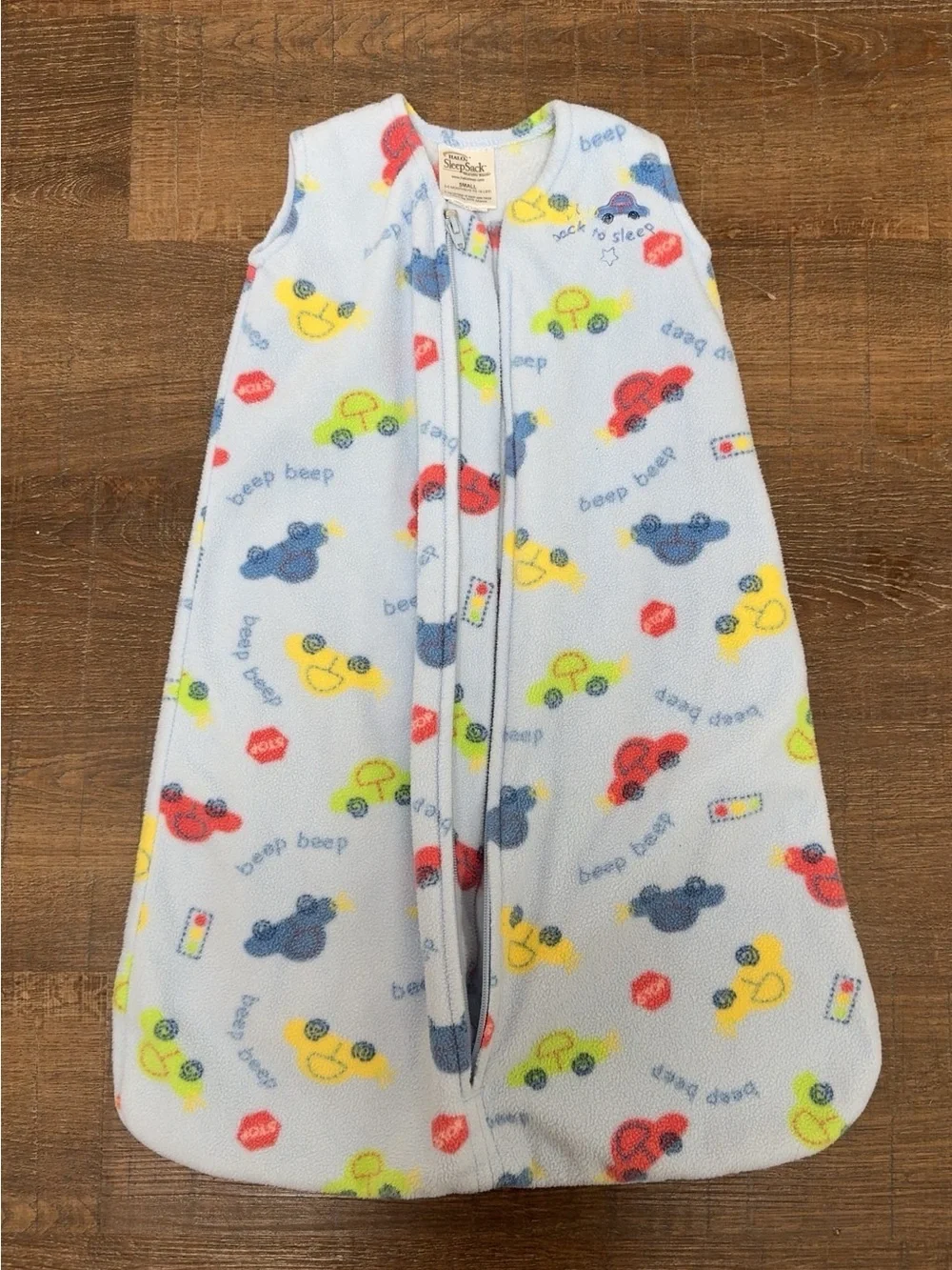 Halo Light Blue Fleece Sleep Sack with Colorful Car Print Size Small